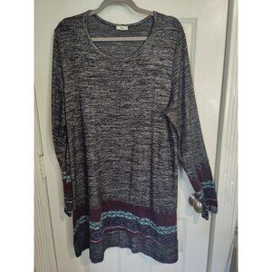 Egy Jersey Knit Gray Space Dye/Tribal Print Long Sleeve Cozy Midi Shift Dress L